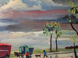 a painting of a horse drawn carriage on the road