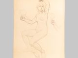 a drawing of a woman sitting on the ground holding a tennis racquet