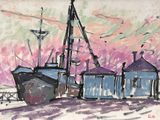 drawing of a painting of a boat in a harbor with a pink sky in the background