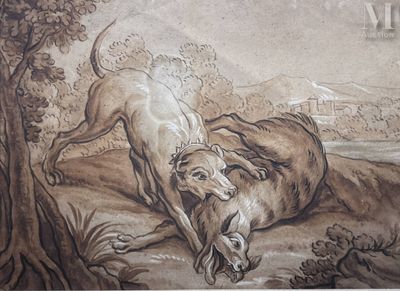 un dessin représentant un chien poursuivant un lion au sol