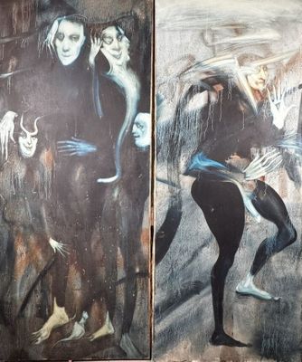 tableau représentant deux personnes dans une pièce sombre, à côté d'un tableau représentant un homme et une femme