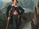 tableau représentant un homme dans un paysage de montagne, muni d'un fusil