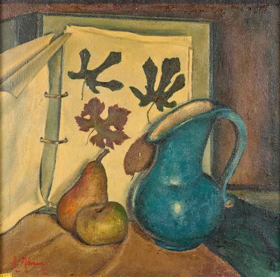 un tableau représentant une cruche bleue et une poire posées sur une table