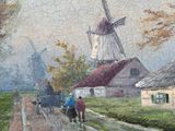 a painting of a windmill on the side of a road