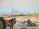 a painting of a man plowing the beach with a horse