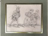 drawing of a man and a woman standing in front of a man in a hat