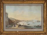 painting of a view of a harbor with boats in the water and a castle in the distance