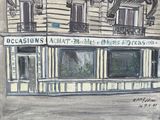 painting of a building with a sign that says occasions chat and antiques on it