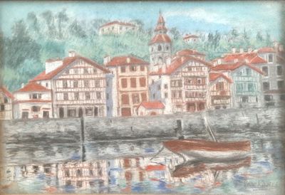a picture of a painting of a boat in the water