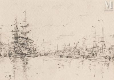 drawing of a harbor scene with a ship in the water