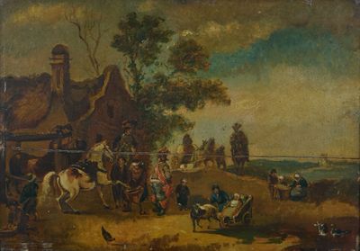 École flamande 19ème siècle « Halte à l'auberge » Huile sur …