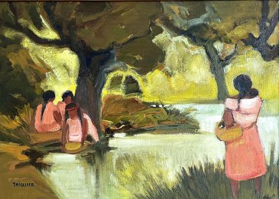 tableau représentant trois femmes en robe rose au bord d'une rivière