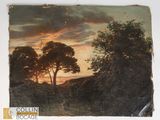 une image représentant un tableau représentant un coucher de soleil avec des arbres au premier plan