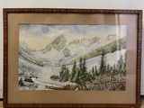 painting of a snowy mountain scene with a cabin in the foreground