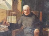 painting of a man sitting in a chair with a book and a pen