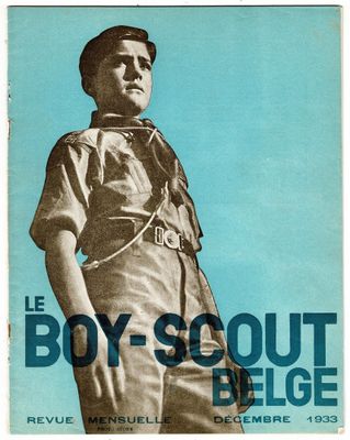 une vieille affiche représentant un scout en uniforme sur fond bleu