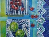 a painting of cherries and cherries on a plate