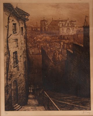 drawing of a view of a city from a hill with buildings