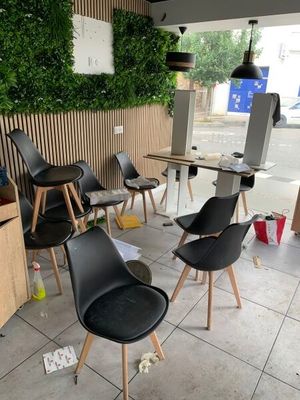 de nombreuses chaises et tables dans une pièce où des plantes sont accrochées au mur