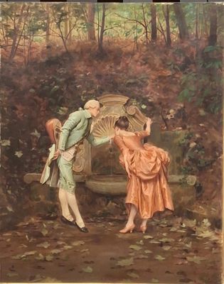tableau représentant un homme et une femme debout dans un bosquet