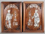 pair of chinese carved wood panels with figures and flowers