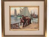 painting of a group of men standing on a pier with a sailboat in the background