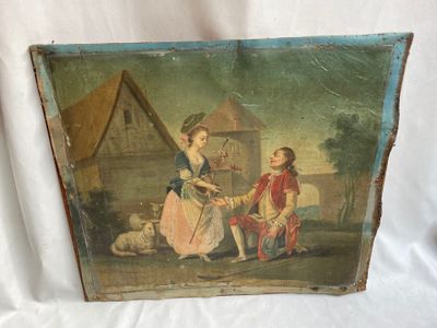 un vieux tableau représentant une femme et un enfant dans un village