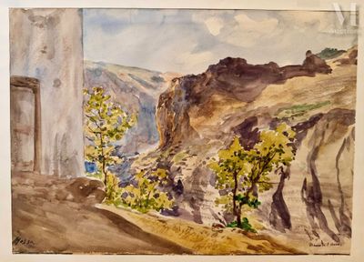 a watercolor painting of a view of a mountain