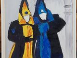 un tableau représentant deux personnes vêtues de bleu et de jaune