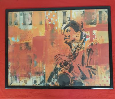 painting of a man playing a saxophone on a red wall