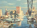 une peinture représentant une scène portuaire avec des bateaux dans l'eau