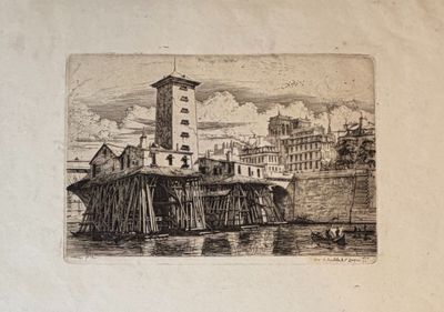dessin représentant une vue d'une ville avec une tour horloge en arrière-plan