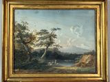une peinture à l'huile représentant un paysage avec une rivière au premier plan et un homme à cheval au premier plan