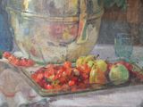 a painting of a bowl of fruit on a table