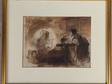 tableau représentant un homme assis à une table devant un mouton