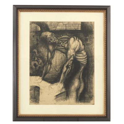 a black and white drawing of a man holding a woman ' s head