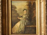 a painting of a woman in a white dress sitting on a bench
