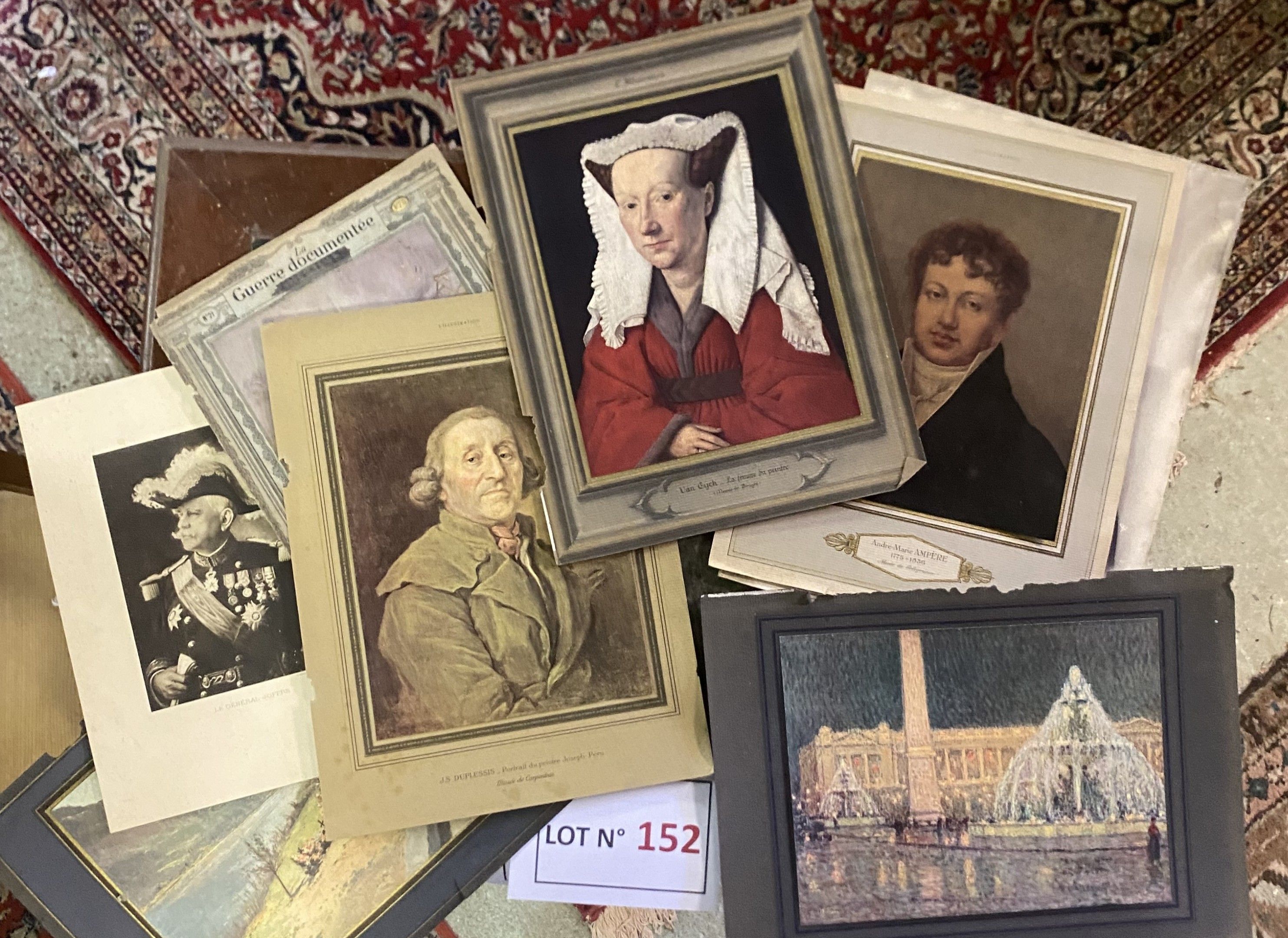 Lot de 8 diverses gravures dt paysages, tableaux et portraits historiques, photos anciennes et autres vues, en l’état...