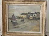 une peinture à l'huile représentant des bateaux sur l'eau devant une maison