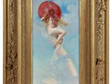 une image représentant un tableau où l'on voit une femme tenant un parapluie rouge