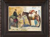 an image of a painting of a man and a horse by a building