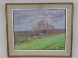 peinture représentant un paysage avec des arbres et un champ au premier plan