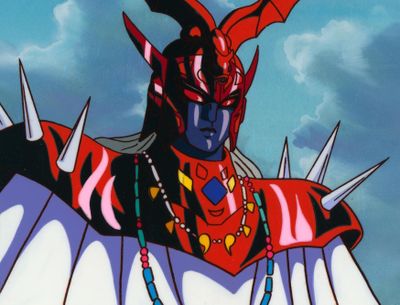 an image of a man in a red and black costume with spikes on his head