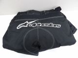 black pants with a white logo on the side of it