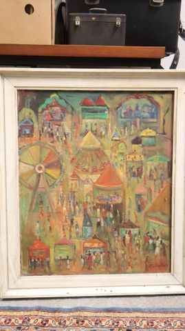 Ecole Naïve « la Fête foraine », huile sur toile, signature en ba...