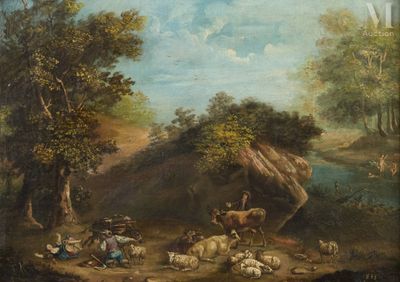 painting of a painting of people and animals in a wooded area