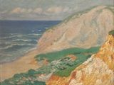 an image of a painting of a beach with a cliff in the background
