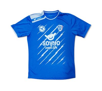 a close up of a blue soccer jersey with a white logo on it