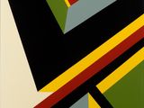 an abstract painting of multicolored lines and shapes on a white background