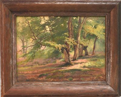 une peinture à l'huile représentant une scène boisée avec des arbres au premier plan